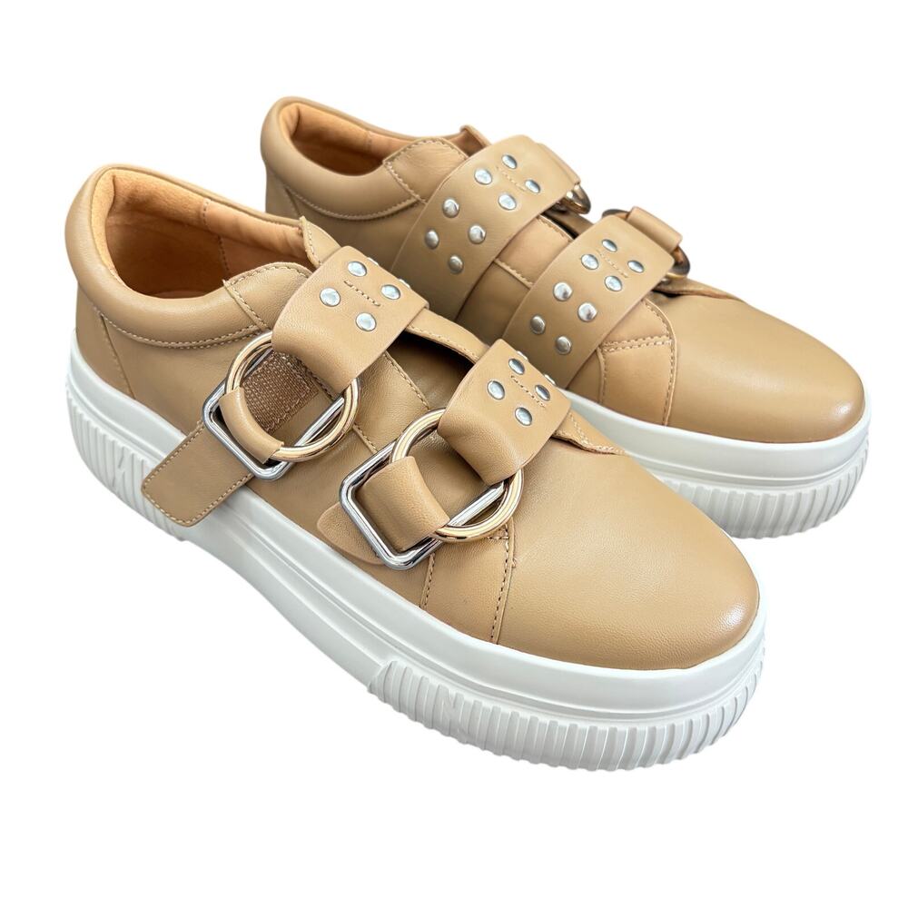 J/Slides Brown Faux Leather Platform Sneakers Double Buckle Straps Womens Size 8